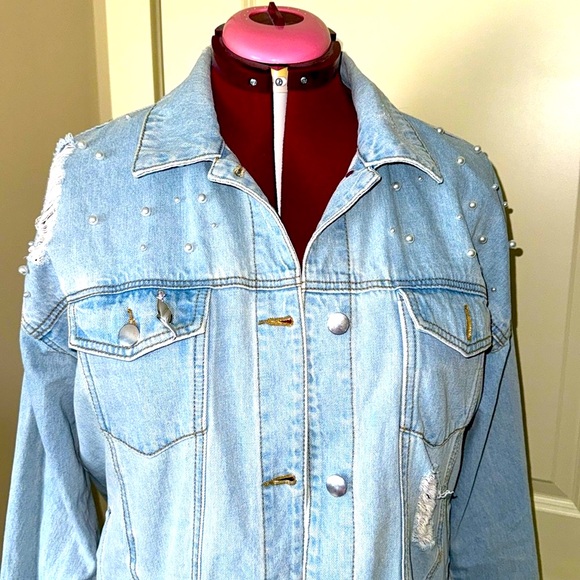 Denim jacket decorated with pearls. Size L women. - Picture 1 of 8